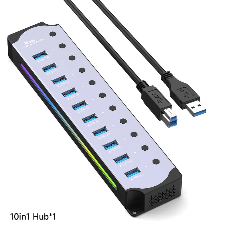 "Hub USB 10 em 1 com Switches Individuais e Iluminação RGB -