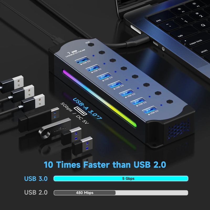 "Hub USB 10 em 1 com Switches Individuais e Iluminação RGB -