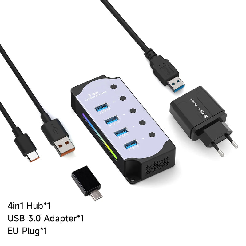 "Hub USB 10 em 1 com Switches Individuais e Iluminação RGB -