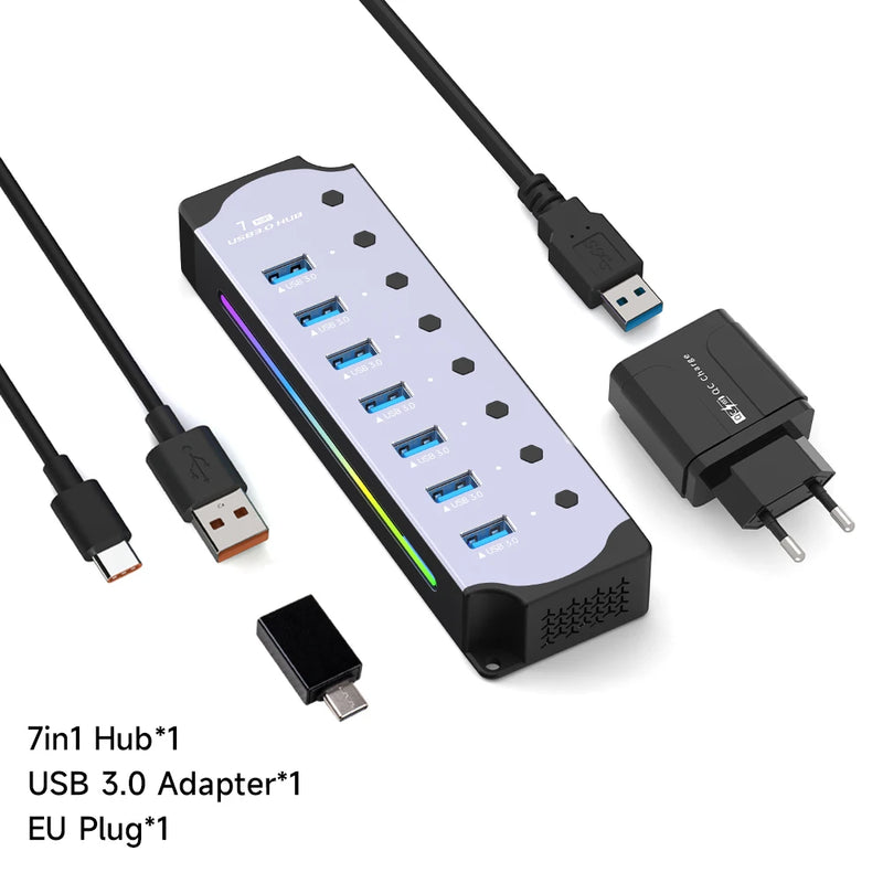 "Hub USB 10 em 1 com Switches Individuais e Iluminação RGB -