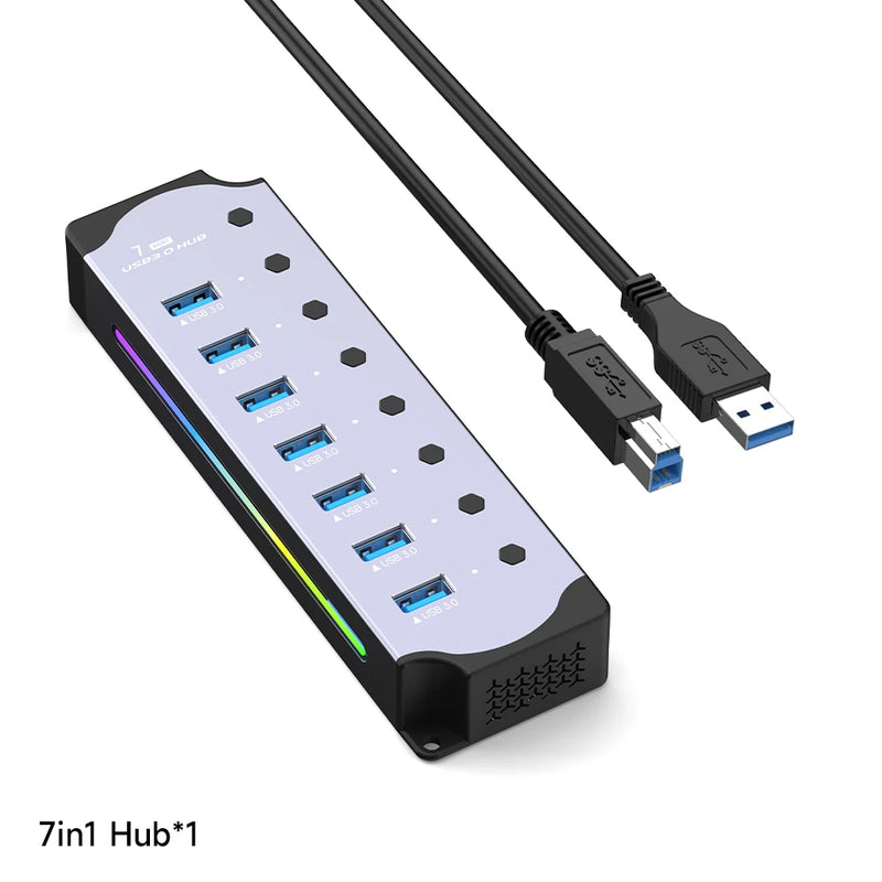 "Hub USB 10 em 1 com Switches Individuais e Iluminação RGB -