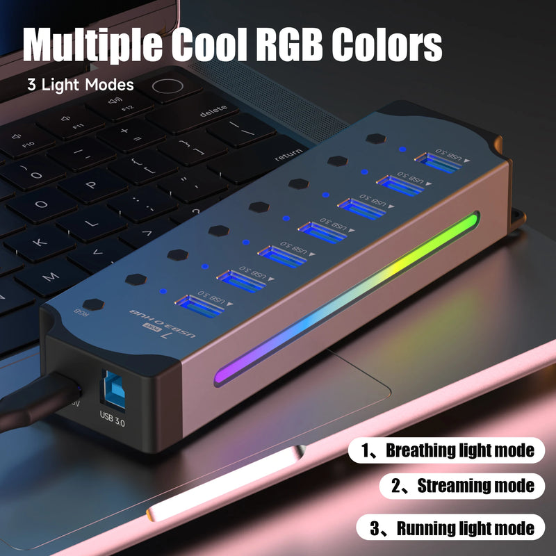 "Hub USB 10 em 1 com Switches Individuais e Iluminação RGB -