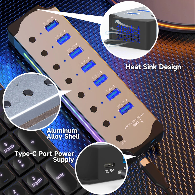 "Hub USB 10 em 1 com Switches Individuais e Iluminação RGB -