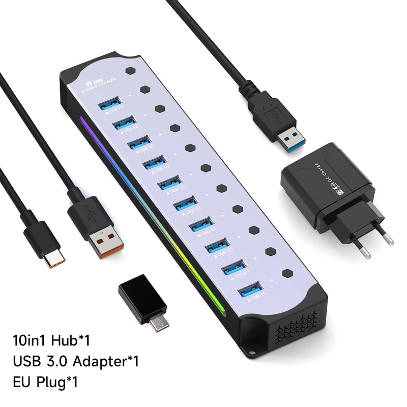 "Hub USB 10 em 1 com Switches Individuais e Iluminação RGB -