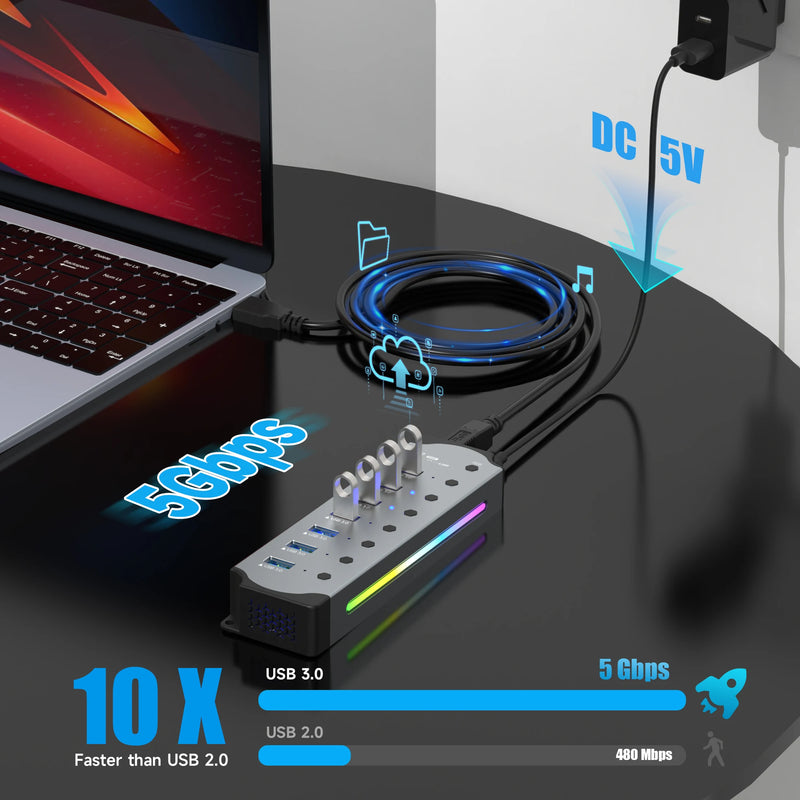 "Hub USB 10 em 1 com Switches Individuais e Iluminação RGB -