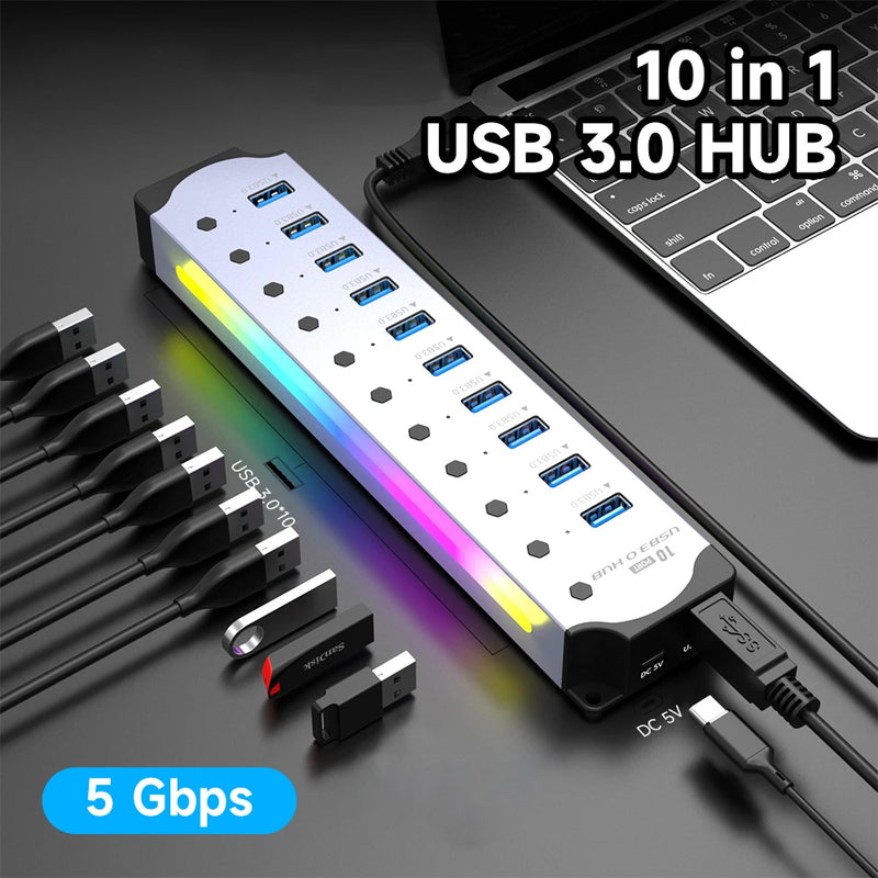 "Hub USB 10 em 1 com Switches Individuais e Iluminação RGB -