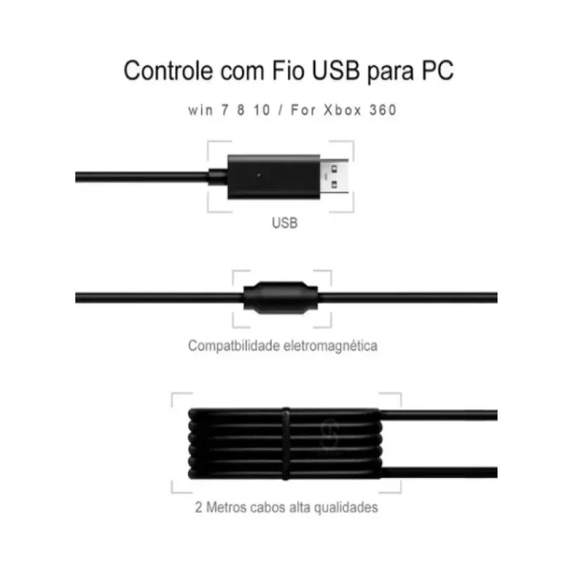 Controle Com Fio Compatível Para Xbox 360 e PC 2 em 1