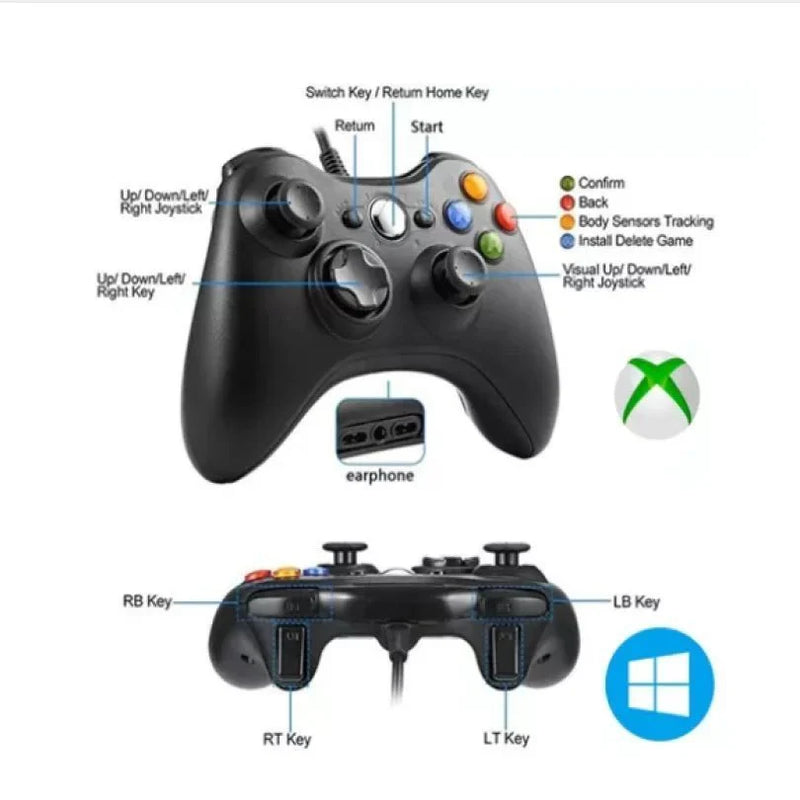 Controle Com Fio Compatível Para Xbox 360 e PC 2 em 1