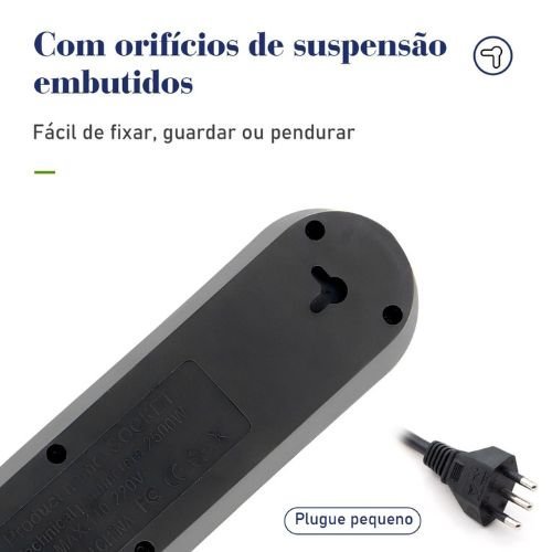 Extensão Filtro de Linha com 4 Tomadas Bivolt e 3 Entradas USB com Botão Liga Desliga 2 Metros
