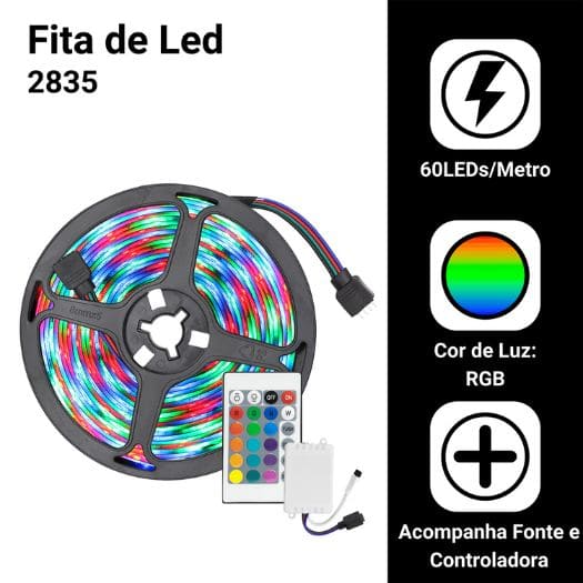 Fita Led RGB com 5 Metros + Controladora e Fonte